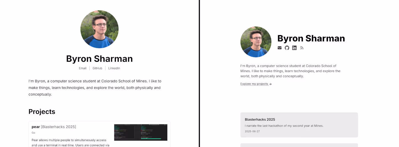 Two side-by-side screenshots of a website homepage