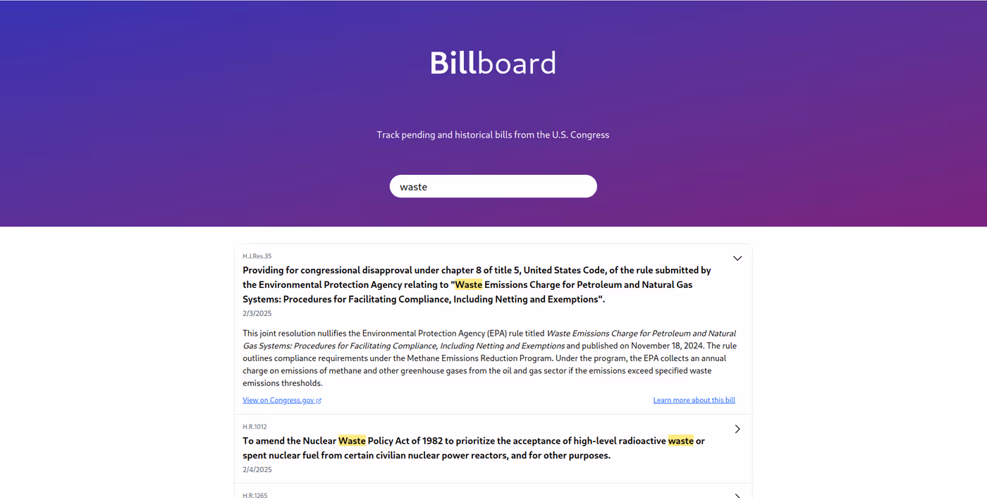 a screenshot showing bill search results with titles highlighted to match the search query